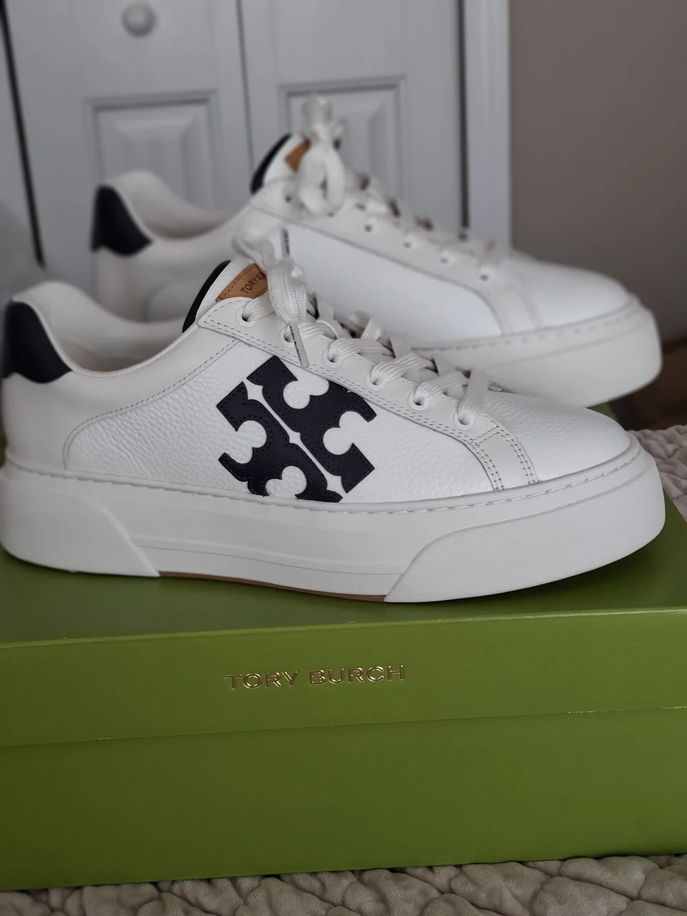 Tory Burch White Leather Sneakers with Black Logo Accent